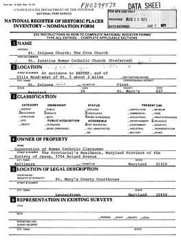 Data Sheet United States Department of the Interior National Park Service National Register of Historic Places Inventory -- Nomination Form