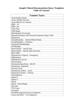 Sample Clinical Documentation Query Templates Table of Contents