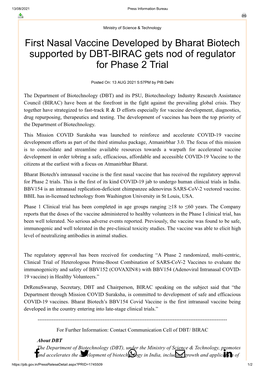 First Nasal Vaccine Developed by Bharat Biotech Supported by DBT-BIRAC Gets Nod of Regulator for Phase 2 Trial