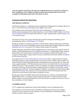 Of 19 a List of Companies Targeted for Divestment by Institutional Investors Around the World Due to Their Complicity In