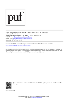 SAINT DOMINIQUE ET LA FONDATION DU MONASTÈRE DE PROUILLE Author(S): Jean Guiraud Source: Revue Historique, T