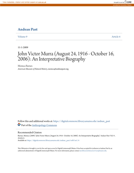 John Victor Murra (August 24, 1916 - October 16, 2006): an Interpretative Biography Monica Barnes American Museum of Natural History, Monica@Andeanpast.Org