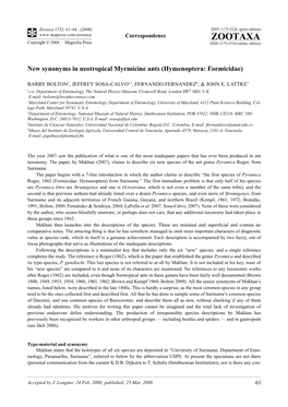 Zootaxa, New Synonyms in Neotropical Myrmicine Ants