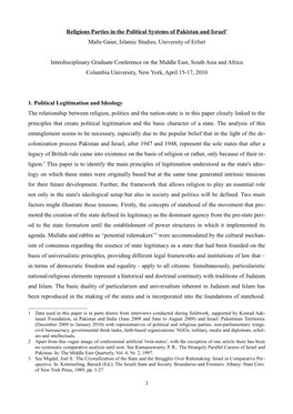 Religious Parties in the Political Systems of Pakistan and Israel1 Malte Gaier, Islamic Studies, University of Erfurt Interdisci