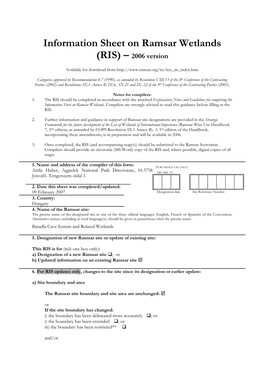 Information Sheet on Ramsar Wetlands (RIS) �– 2006 Version 