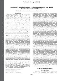 Ecogeography and Demography of Cicer Judaicum Boiss., a Wild Annual Relative of Domesticated Chickpea