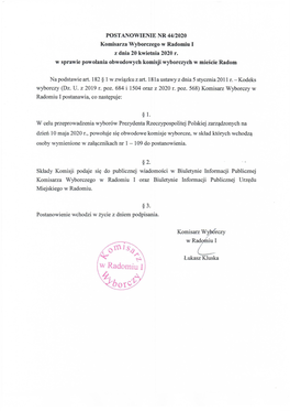 Postanowienie Nr 44/2020 Komisarza Wyborczego W Radomiu I Z Dnia 20 Kwietnia 2020R. W Sprawie