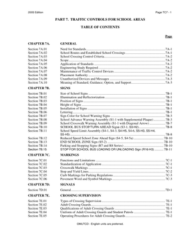 Part 7. Traffic Controls for School Areas Table Of