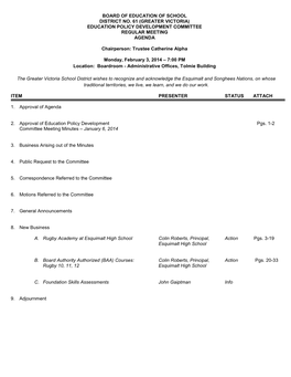 Board of Education of School District No. 61 (Greater Victoria) Education Policy Development Committee Regular Meeting Agenda