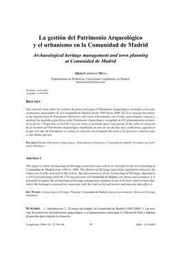 La Gestión Del Patrimonio Arqueológico Y El Urbanismo En La Comunidad De Madrid Archaeological Heritage Management and Town Planning at Comunidad De Madrid