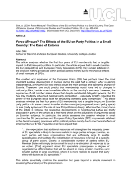 Force Mineure? the Effects of the EU on Party Politics in a Small Country: the Case of Estonia