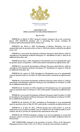 Amendment to Proclamation of Disaster Emergency