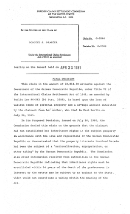 DOROTHY S~ PRAEGER FINAL DECISION This Claim in the Amount of 22,814050 Ostmarks Against the Government of the German Democratic