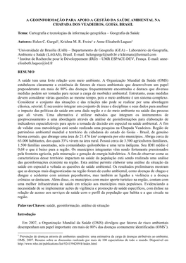 A GEOINFORMAÇÃO PARA APOIO a GESTÃO DA SAÚDE AMBIENTAL NA CHAPADA DOS VEADEIROS, GOIÁS, BRASIL Tema