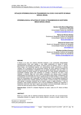 Situação Epidemiológica Da Transmissão Da Covid-19 No Norte De Minas Gerais, Brasil1