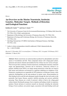 An Overview on the Marine Neurotoxin, Saxitoxin: Genetics, Molecular Targets, Methods of Detection and Ecological Functions