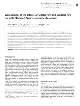 Comparison of the Effects of Citalopram and Escitalopram on 5-Ht-Mediated Neuroendocrine Responses