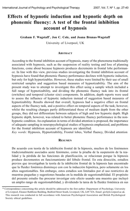 Effects of Hypnotic Induction and Hypnotic Depth on Phonemic Fluency: a Test of the Frontal Inhibition Account of Hypnosis