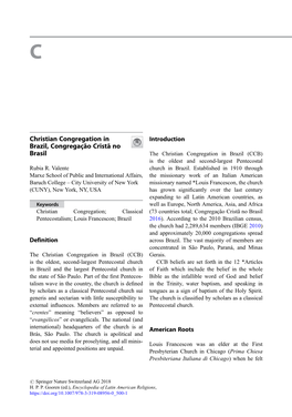 Congregação Cristã No Brasil the Christian Congregation in Brazil (CCB) Is the Oldest and Second-Largest Pentecostal Rubia R