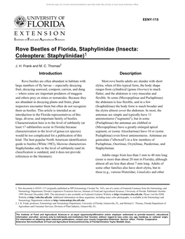 Rove Beetles of Florida, Staphylinidae (Insecta: Coleoptera: Staphylinidae)1