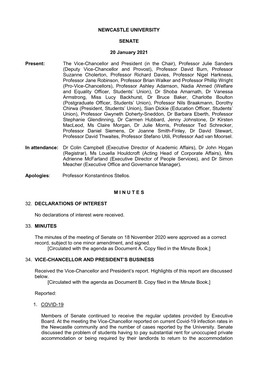 NEWCASTLE UNIVERSITY SENATE 20 January 2021 Present: the Vice