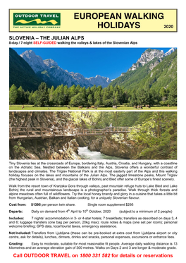 SLOVENIA – the JULIAN ALPS 8-Day / 7-Night SELF-GUIDED Walking the Valleys & Lakes of the Slovenian Alps