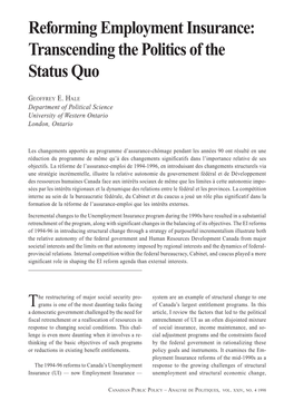 Reforming Employment Insurance: Transcending the Politics of the Status Quo 431