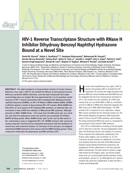 HIV-1 Reverse Transcriptase Structure with Rnase H Inhibitor Dihydroxy Benzoyl Naphthyl Hydrazone Bound at a Novel Site