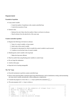 Program Control Essentials of Repetition • Loop Control Variable