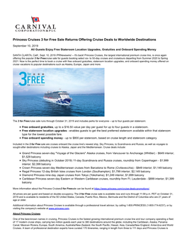 Princess Cruises 3 for Free Sale Returns Offering Cruise Deals to Worldwide Destinations