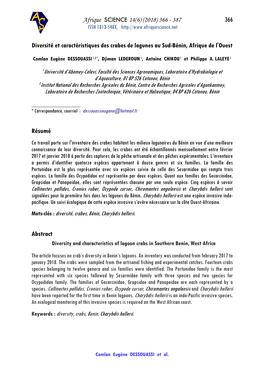 366 Diversité Et Caractéristiques Des Crabes De Lagunes Au Sud-Bénin, Afrique De L'ouest Résumé Abstract