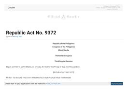 Republic Act No. 9372 | Official Gazette of the Republic of The