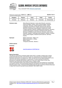 Dreissena Polymorpha Global Invasive Species Database (GISD)