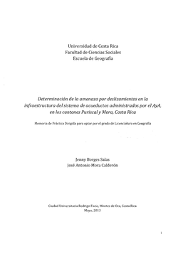 Determinación De La Amenaza Por Deslizamientos En La Infraestructura Del Sistema De Acueductos Administrados Por El Aya, En Los Cantones Pu Riscal Y Mora, Costa Rica