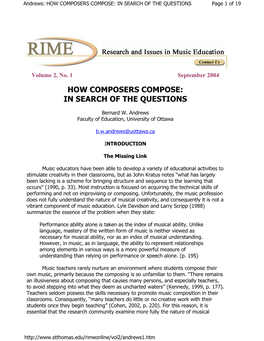 HOW COMPOSERS COMPOSE: in SEARCH of the QUESTIONS Page 1 of 19