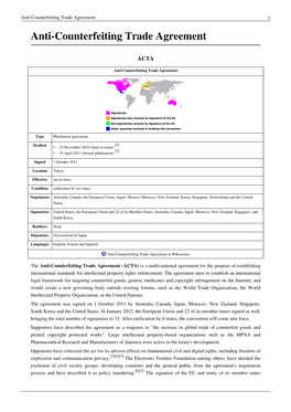 Anti-Counterfeiting Trade Agreement 1 Anti-Counterfeiting Trade Agreement