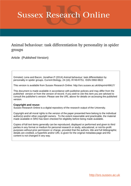 Animal Behaviour: Task Differentiation by Personality In&Nbsp