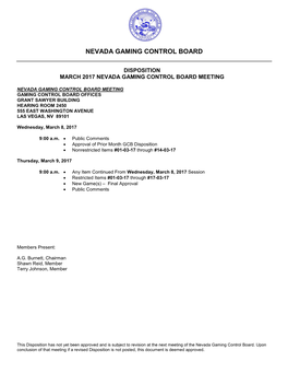 Disposition March 2017 Nevada Gaming Control Board Meeting