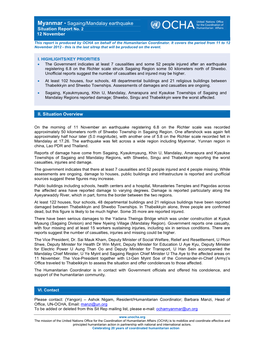 Myanmar • Sagaing/Mandalay Earthquake Situation Report No