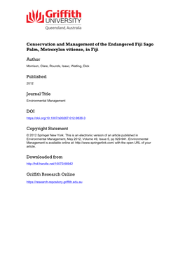 Conservation and Management of the Endangered Fiji Sago Palm, Metroxylon Vitiense, in Fiji