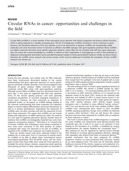 Circular Rnas in Cancer: Opportunities and Challenges in the ﬁeld