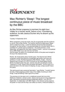 Max Richter's 'Sleep': the Longest Continuous Piece of Music Broadcast by the BBC