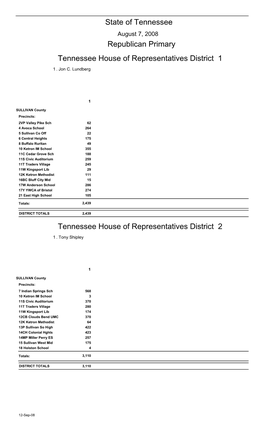 Republican Primary State of Tennessee Tennessee House Of