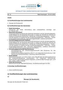 Nr. 6 Bad Kissingen, 19.03.2021 A) Veröffentlichungen Des