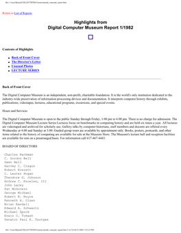 Highlights from Digital Computer Museum Report 1/1982