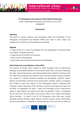 4Th Portuguese Intercultural Cities Network Meeting Lisbon, Salão Nobre Dos Paços Do Concelho, June 8, 2015 (SUMMARY)