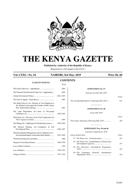 THE KENYA GAZETTE Published by Authority of the Republic of Kenya (Registered As a Newspaper at the G.P.O.)