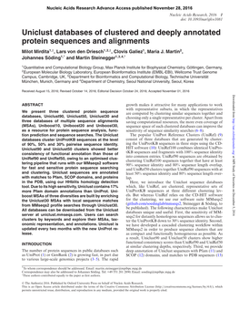 Uniclust Databases of Clustered and Deeply Annotated Protein Sequences and Alignments Milot Mirdita1,†, Lars Von Den Driesch1,2,†, Clovis Galiez1, Maria J