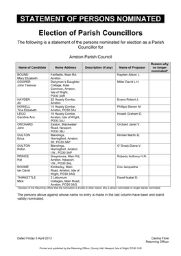 STATEMENT of PERSONS NOMINATED Election of Parish