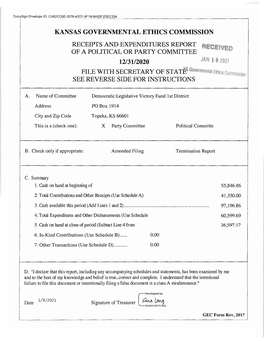 KANSAS GOVERNMENTAL ETHICS COMMISSION RECEIPTS and EXPENDITURES REPORT R-J~E(-:El\Mn of a POLITICAL OR PARTY COMMITIEE . --;Lvtl